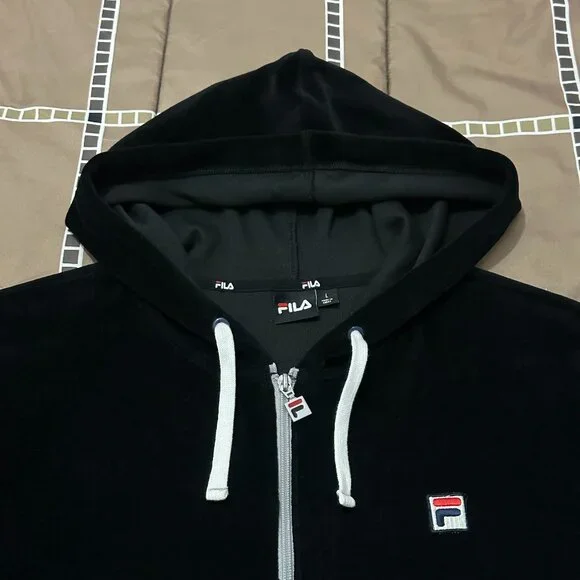 Fila Velour Hoodie 1/4 Zip Pullover Sweatshirt Black - Picture 3 of 6